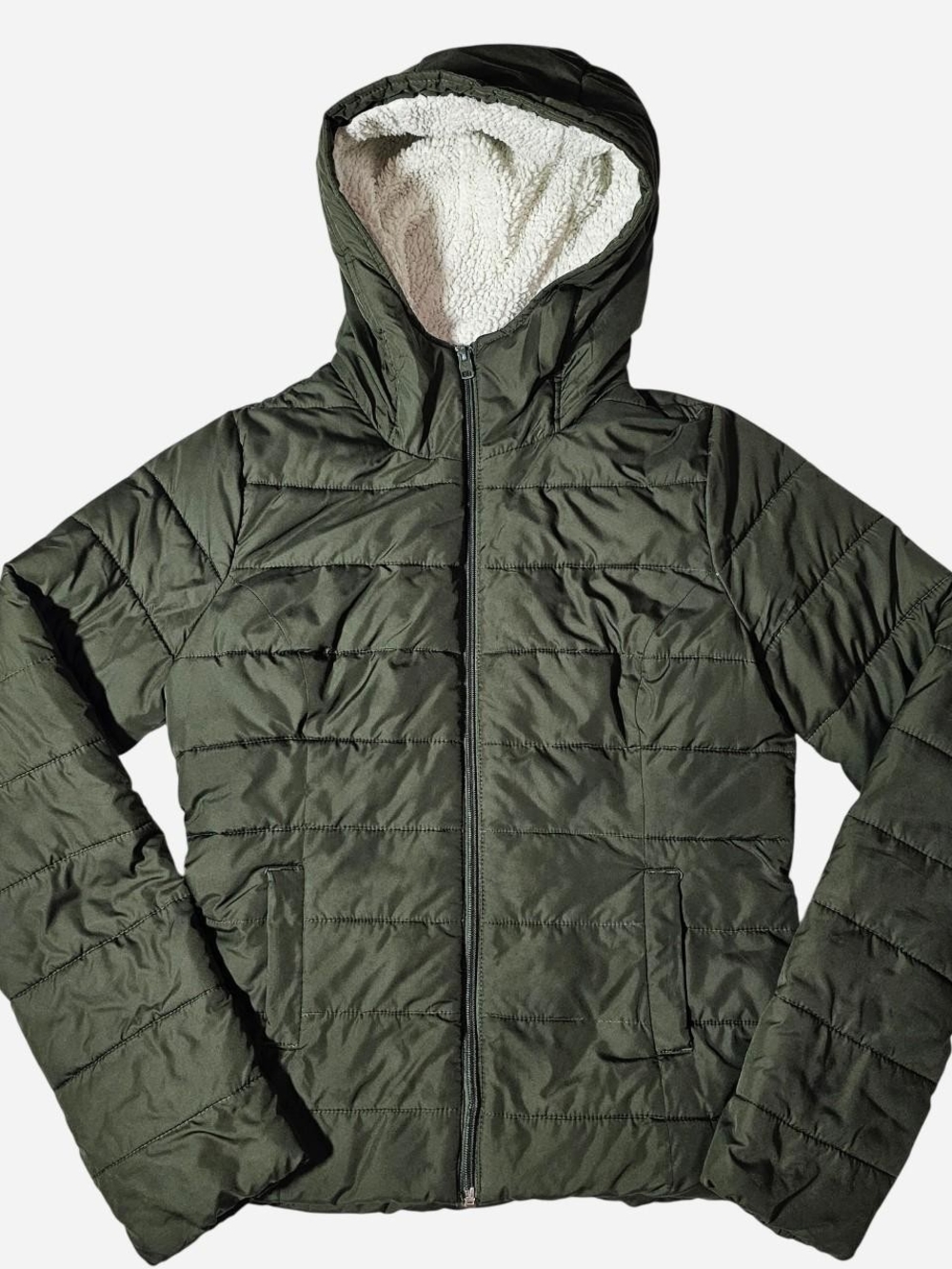 Hollister Dark Olive Quilted Puffer Jacket with Sherpa Hood Lining
